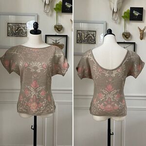 80s Knit Deville Boatneck Scoop Back Short Sleeve Knit Top Beige Taupe Pink S M